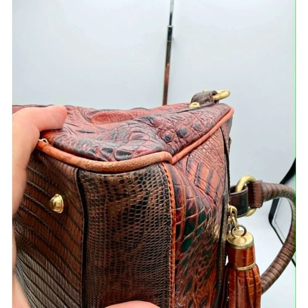 Brahmin Anna Satchel Embossed Leather Satchel Crossbody Bag Tassel Gold Hardware